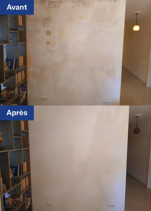 Mur intérieur endommagé par une infiltration d'eau avant rénovation