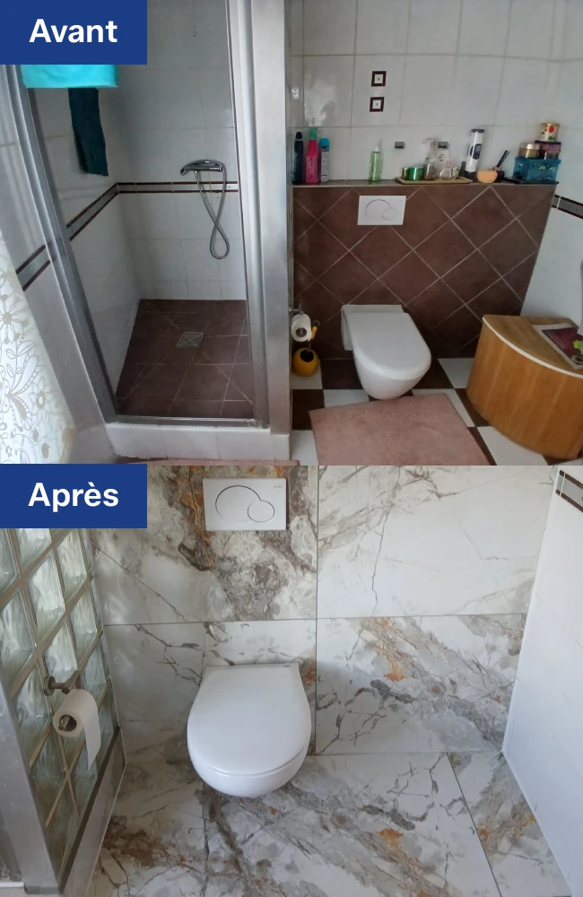 Toilettes avant rénovation avec revêtements à remplacer