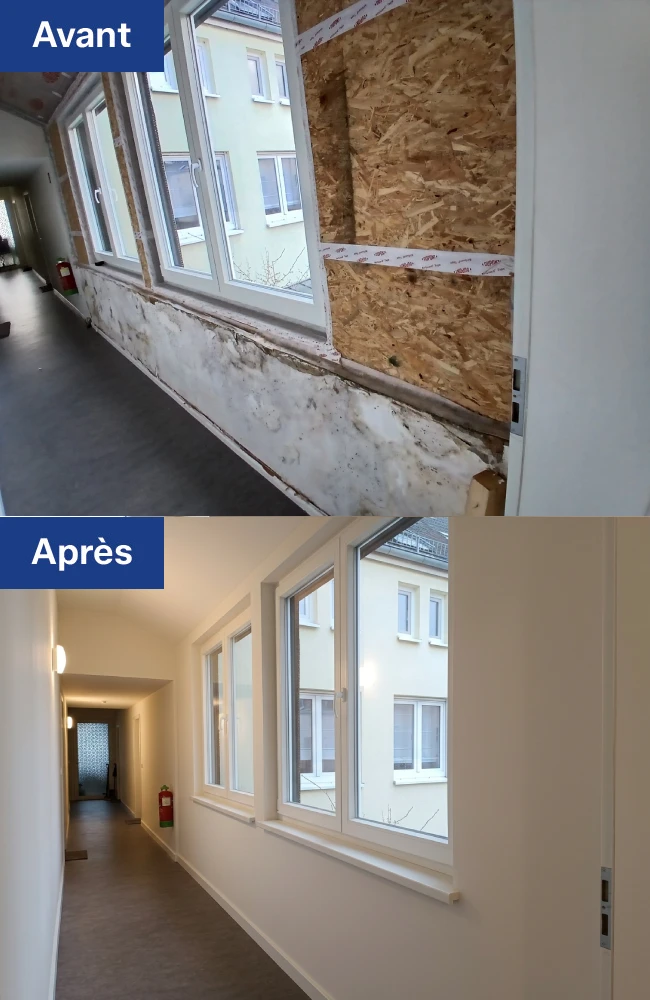 Mur et intérieur endommagés après une infiltration d'eau avant rénovation